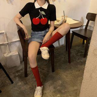 Short-sleeve Cherry Print Crop Knit Top Black - One Size