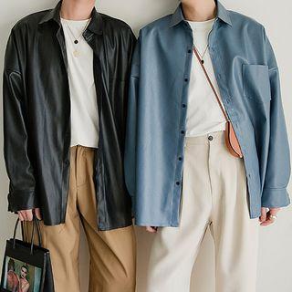 Pocket-front Long-sleeve Faux-leather Shirt