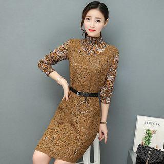 Set: Long-sleeve Patterned Top + Sleeveless Lace Dress