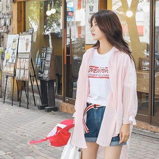 Frilled Long-sleeve Pinstripe Shirt