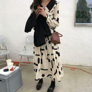 Patterned Long-sleeve Midi Shirt Dress As Shown In Figure - One Size