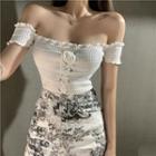 Short-sleeve Off Shoulder Lace-up Knit Top