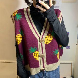 Pineapple Printed Vest/plain Turtle-neck Long-sleeve Top