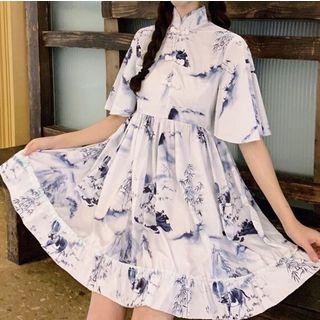 Traditional Chinese Elbow-sleeve Printed A-line Mini Dress