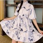 Traditional Chinese Elbow-sleeve Printed A-line Mini Dress