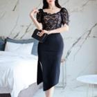 Set: Short-sleeve Lace Fitted Top + Slit Midi Pencil Skirt