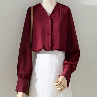 Lantern-sleeve V-neck Plain Chiffon Shirt