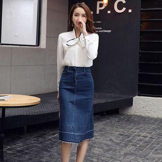 Tie-neck Blouse / Denim Skirt