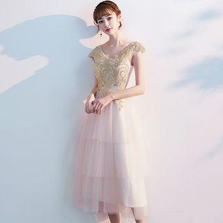 Cap-sleeve Embroidered Midi Mesh Prom Dress