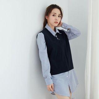 Set: Lace-up Striped Shirtdress + V-neck Vest