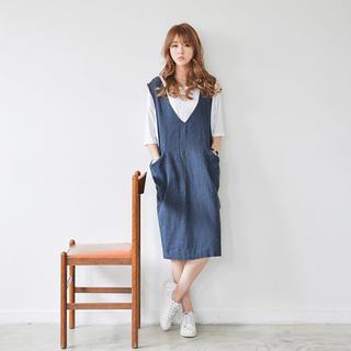V-neck Linen Jumper Dress