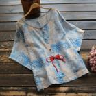 Elbow-sleeve Linen Print Top Blue - One Size