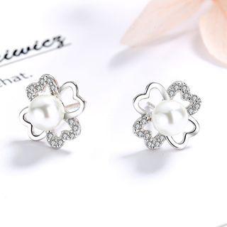 Faux Pearl Rhinestone Clover Stud Earring As Shown In Figure - One Size