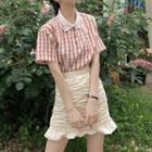 Set: Short-sleeve Plaid Blouse + Mini Skirt Set Of 2 - Blouse - Pink - One Size / Skirt - White - One Size