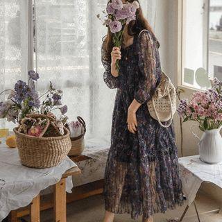 Sheer-panel Floral Long Lace Dress Navy Blue - One Size