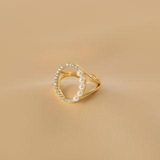 Rhinestone Faux Pearl Alloy Open Ring 1 Pc - Gold - One Size