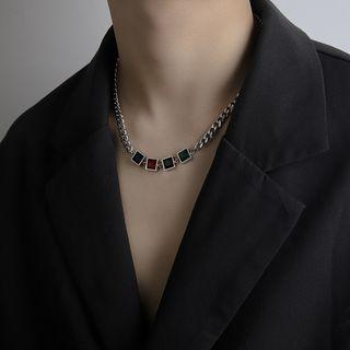 Square Faux Crystal Stainless Steel Necklace / Wings Stainless Steel Ring