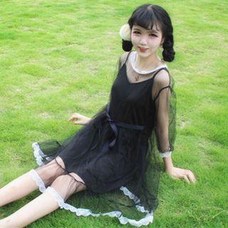 Elbow-sleeve Tulle Dress With Slipdress