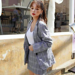 Set: Single-breasted Plaid Jacket + Mini Skirt
