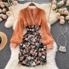 V-neck Long-sleeve Plain Panel Floral Dress