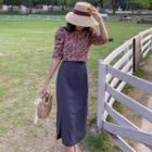 Floral Print Elbow-sleeve Top / Midi Straight-fit Skirt / Set