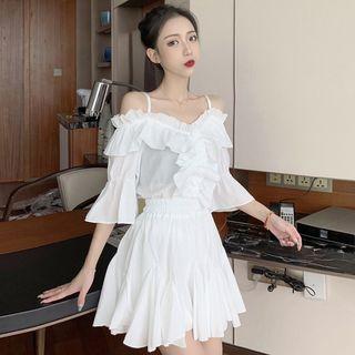 Set: Cold-shoulder Ruffle Top + A-line Skirt