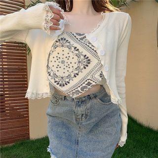 Lace Trim Cardigan / Paisley Print Cropped Camisole Top / Denim Mini Pencil Skirt