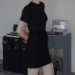 Plain Short-sleeve Mini Bodycon Dress Black - One Size