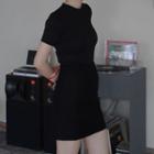 Plain Short-sleeve Mini Bodycon Dress Black - One Size