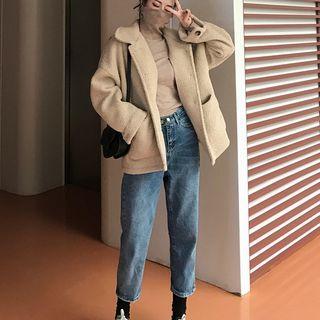 Fleece Single Breasted Coat / Mock Neck Long-sleeve Top / Crop Straight Fit Jeans