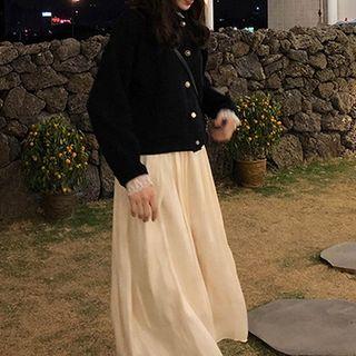 Lace Trim Cardigan / Plain Midi A-line Skirt