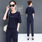 Set: Crew-neck Elbow-sleeve T-shirt + Striped Trim Sweatpants