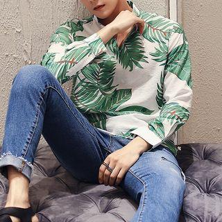 Leaf Print Stand Collar Shirt