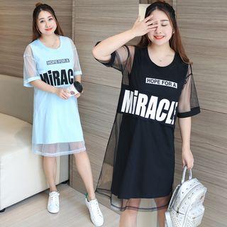 Set : Mesh Letter Short-sleeve Dress + Sleeveless Dress