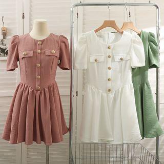 Waffle Puff-sleeve Mini Dress