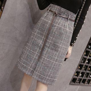 Slit-front Plaid A-line Skirt