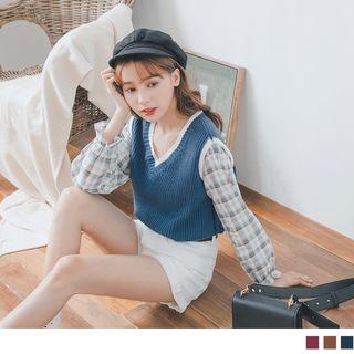 V-neck Plaid Panel Mock Two Piece Knit Top