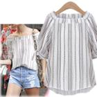 Off-shoulder Pinstriped Elbow-sleeve Linen Cotton Top