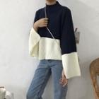 Color-block Mock-neck Loose-fit Bell-sleeve Sweater