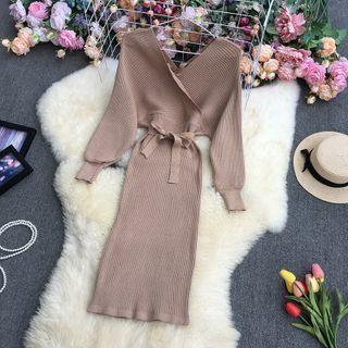 Lantern-sleeve Midi Sheath Sweater Dress