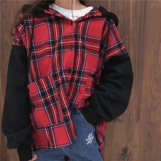 Hooded Plaid Panel Button Coat