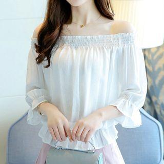Plain Off-shoulder Elbow-sleeve Top