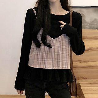 Plain Long-sleeve Top / Gingham Camisole