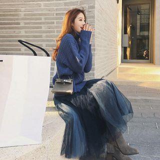 Set: Cable Knit Turtleneck Sweater + Mesh Midi Skirt