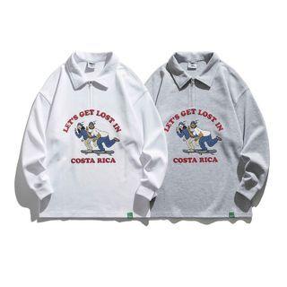 Cartoon Print Zip Polo Sweatshirt
