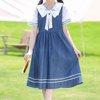Short-sleeve Sailor Collar Denim A-line Midi Dress
