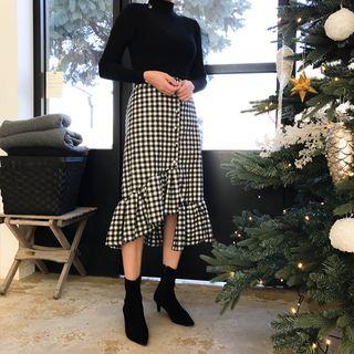 Set: Mock-neck Knit Top + Ruffle-hem Checked Midi Skirt
