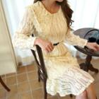 Wide-collar Ruffle-hem Midi Lace Dress