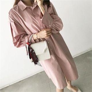 Wide-cuff Shirred Midi Shirtdress