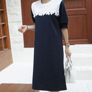 Lace-yoke Puff-sleeve Shift Dress